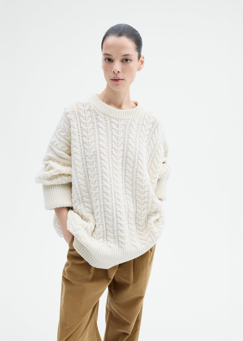 Cableknit Sweater in Wool Blend Yarn -  Ivory - CO