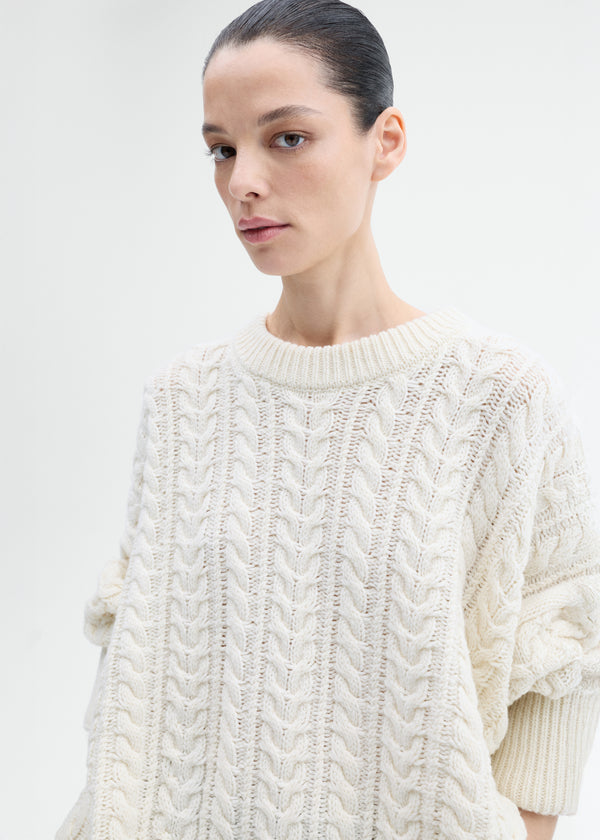 Cableknit Sweater in Wool Blend Yarn -  Ivory - CO