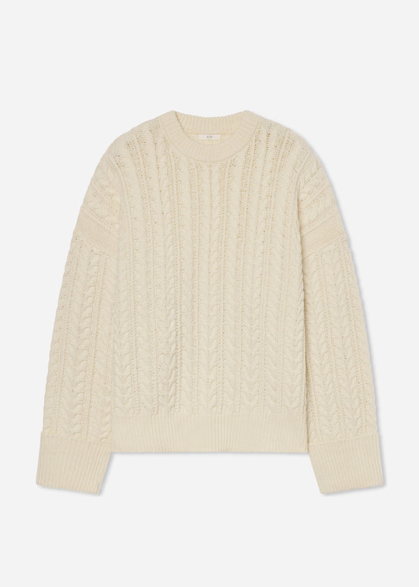 Cableknit Sweater in Wool Blend Yarn -  Ivory - CO