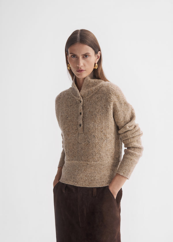Cropped Henley Sweater in Wool Cashmere Blend - Antelope, image 1 of 4
