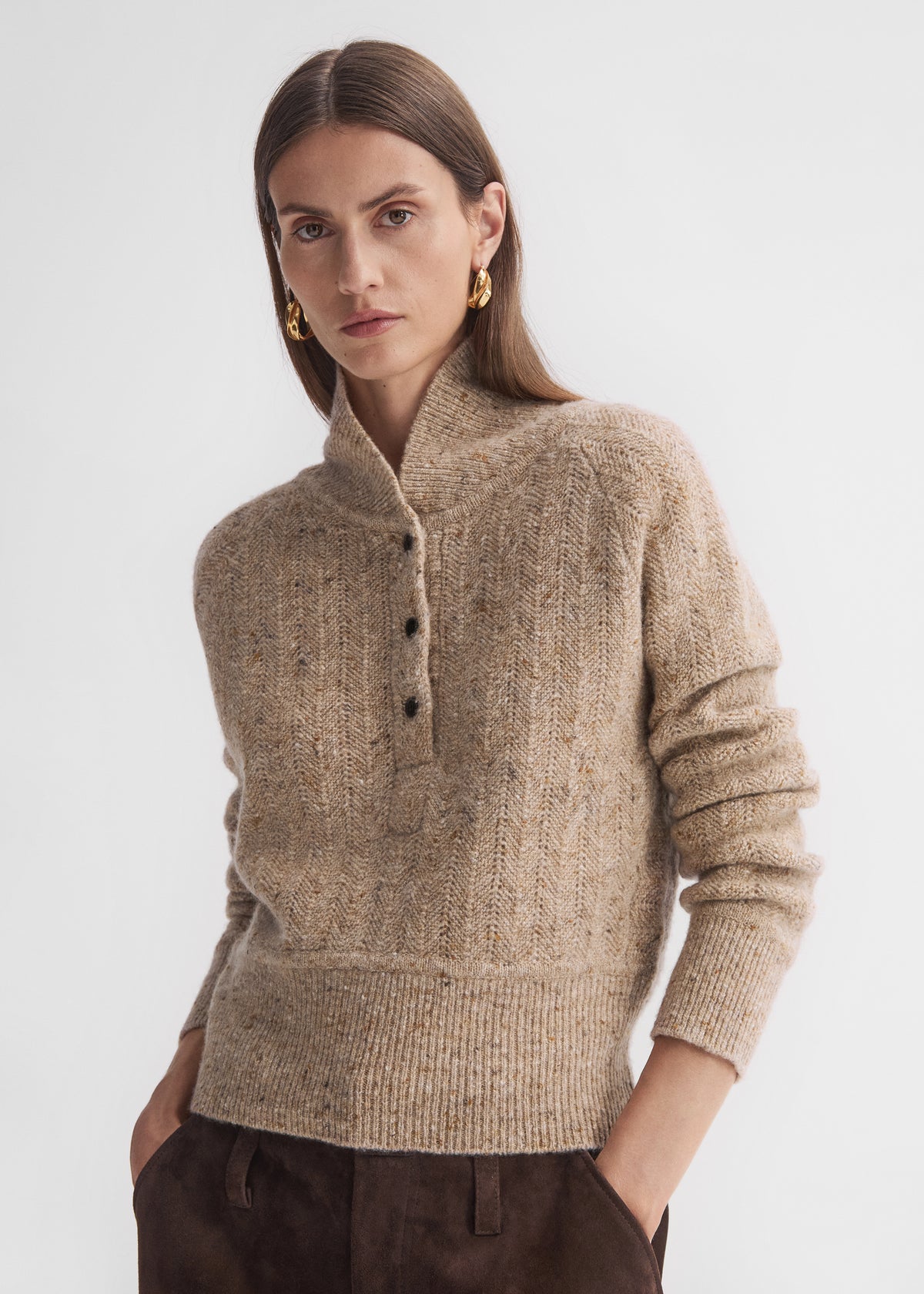 Cropped Henley Sweater in Wool Cashmere Blend - Antelope, image 3 of 4