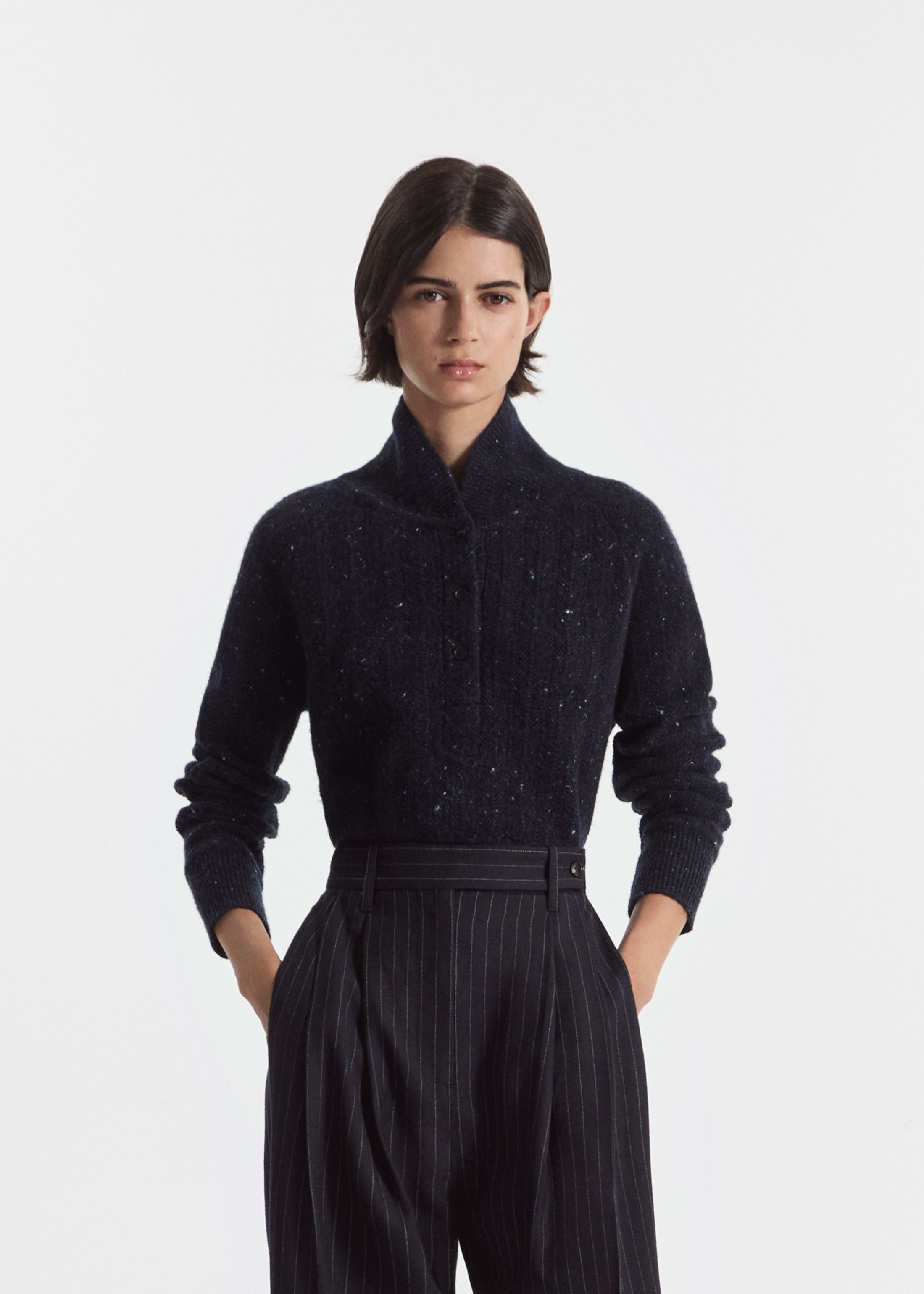 Cropped Henley Sweater in Wool Cashmere Blend - Navy Melange