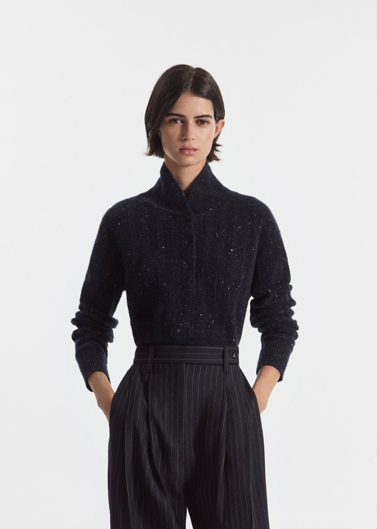 Cropped Henley Sweater in Wool Cashmere Blend - Navy Melange, image 1 of 5