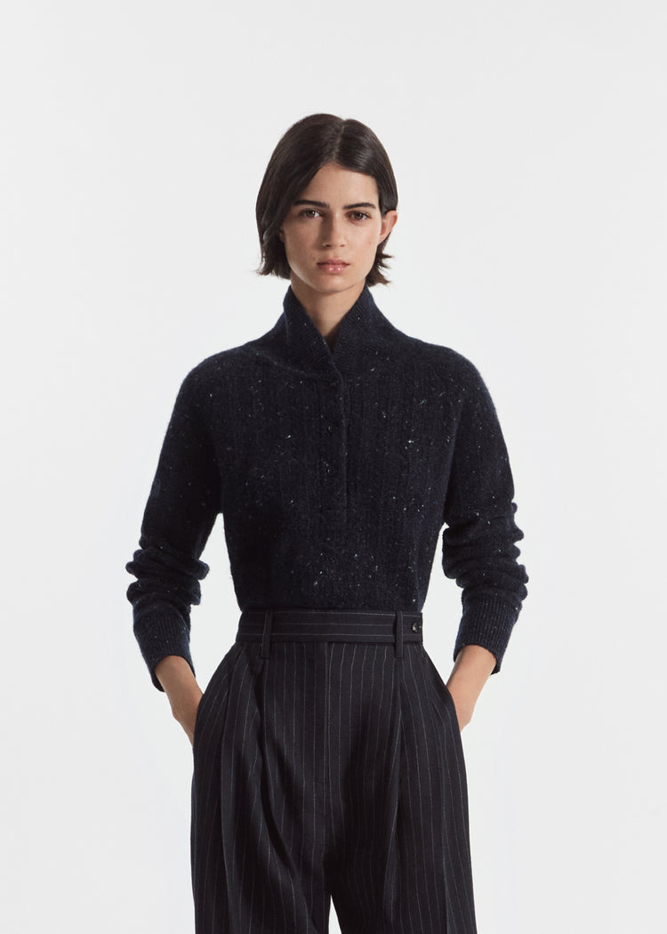 Cropped Henley Sweater in Wool Cashmere Blend - Navy Melange, image 1 of 5