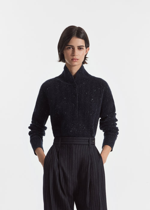 Cropped Henley Sweater in Wool Cashmere Blend - Navy Melange, image 1 of 5