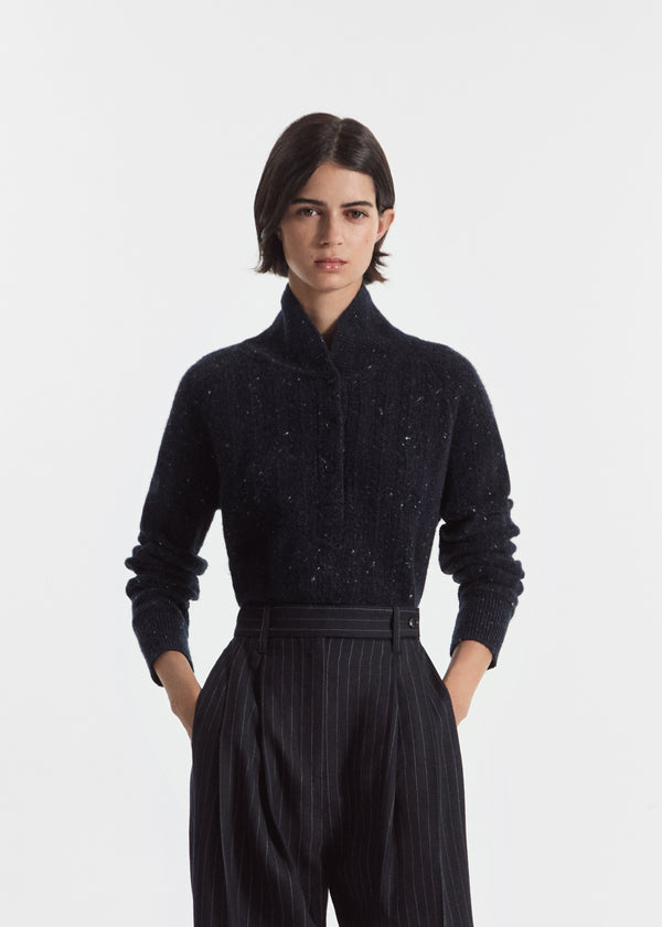 Cropped Henley Sweater in Wool Cashmere Blend - Navy Melange - CO