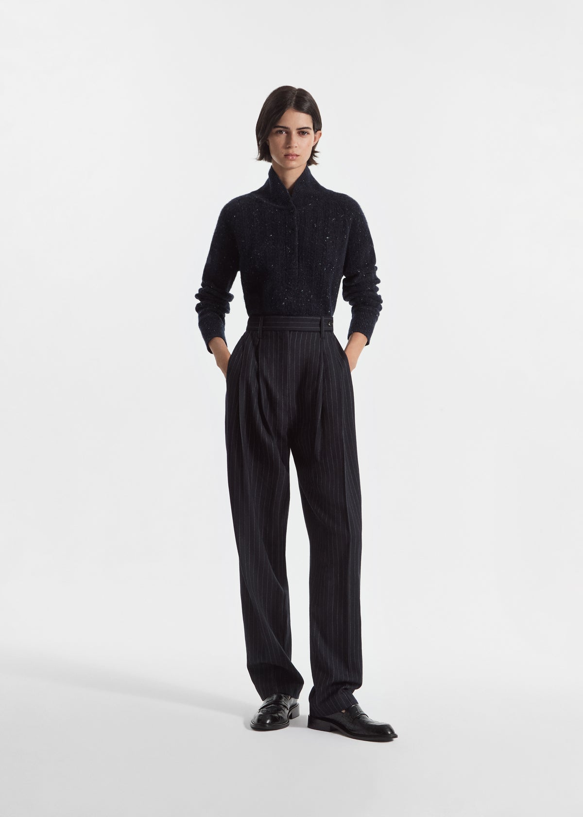 Wide Leg Pleated Pant in Pinstripe Virgin Wool - Navy Stripe, image 1 of 5