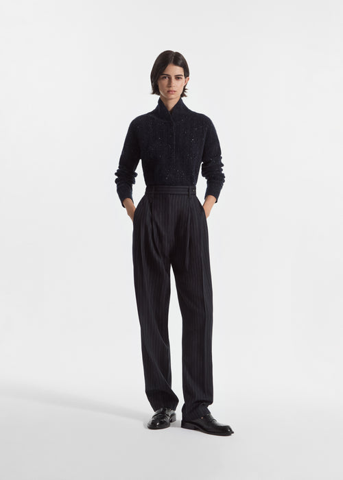 Wide Leg Pleated Pant in Pinstripe Virgin Wool - Navy Stripe, image 1 of 5