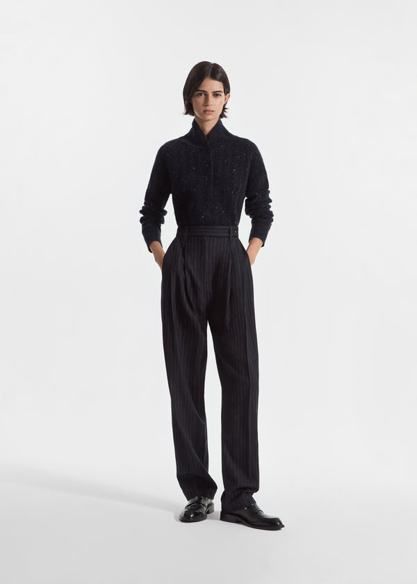 Wide Leg Pleated Pant in Pinstripe Virgin Wool - Navy Stripe - CO