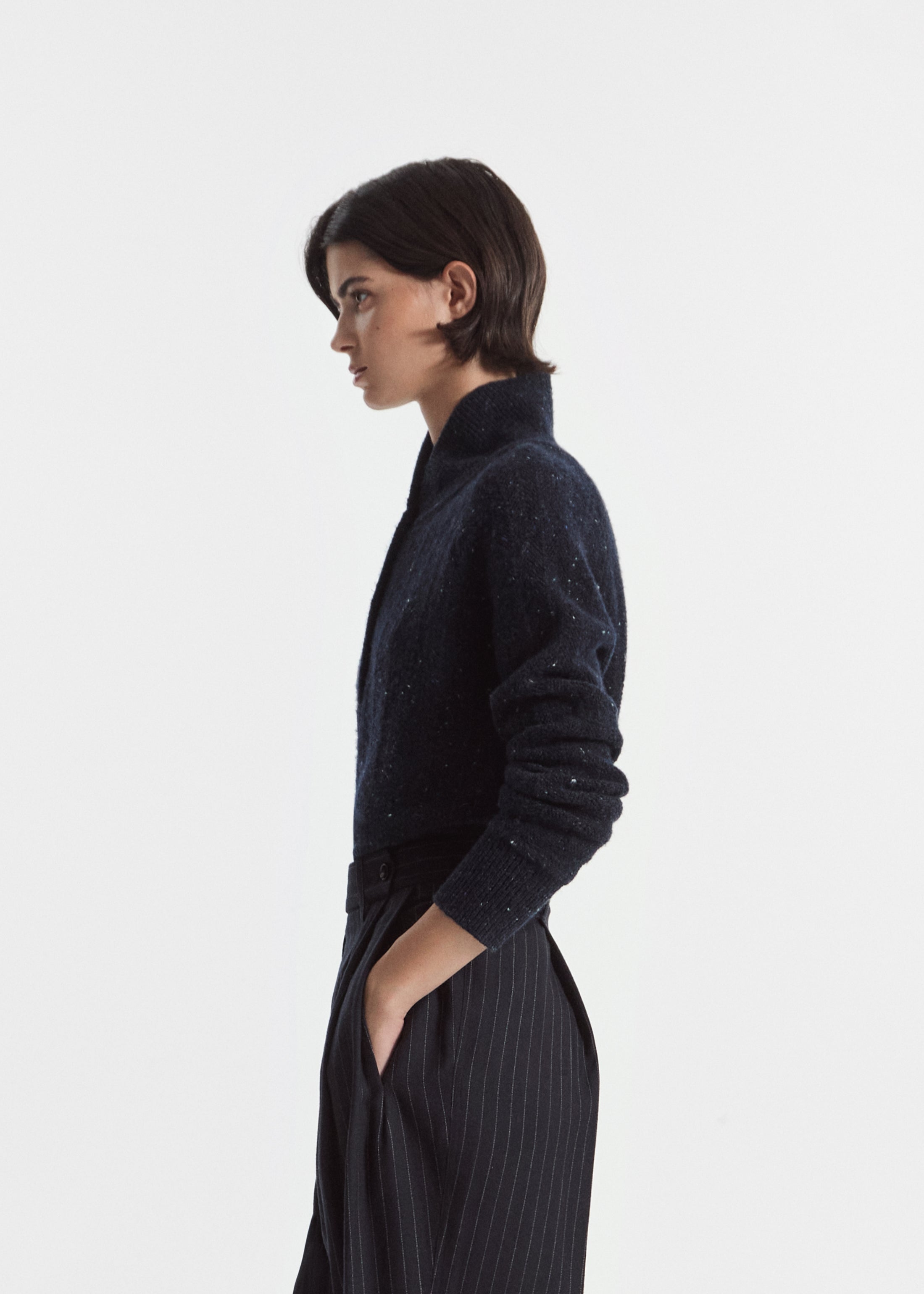 Cropped Henley Sweater in Wool Cashmere Blend - Navy Melange