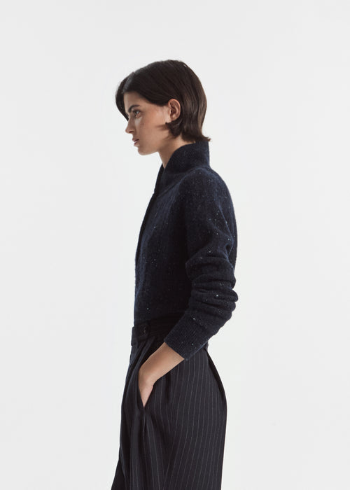 Cropped Henley Sweater in Wool Cashmere Blend - Navy Melange, image 2 of 5