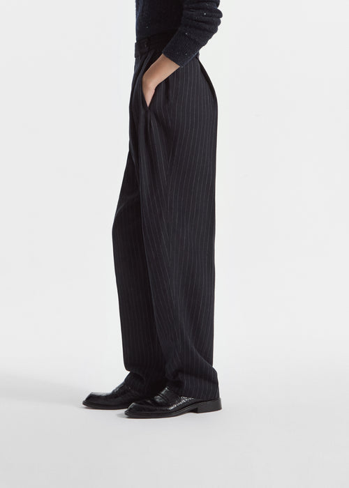 Wide Leg Pleated Pant in Pinstripe Virgin Wool - Navy Stripe, image 2 of 5