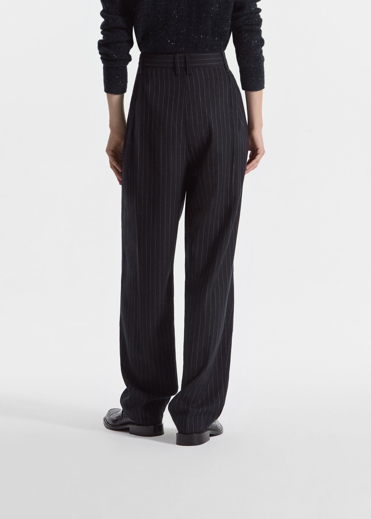 Wide Leg Pleated Pant in Pinstripe Virgin Wool - Navy Stripe, image 3 of 5