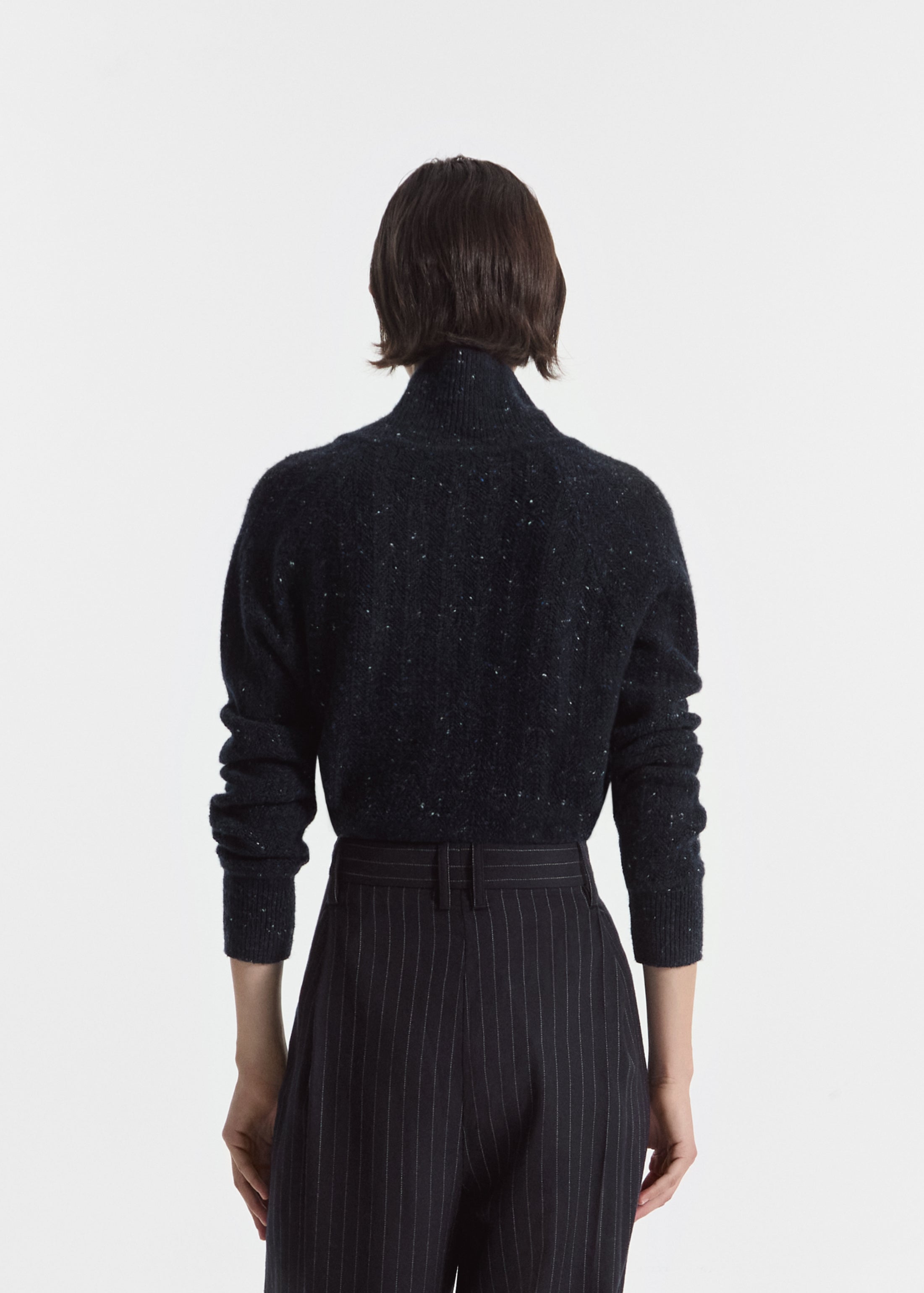 Cropped Henley Sweater in Wool Cashmere Blend - Navy Melange