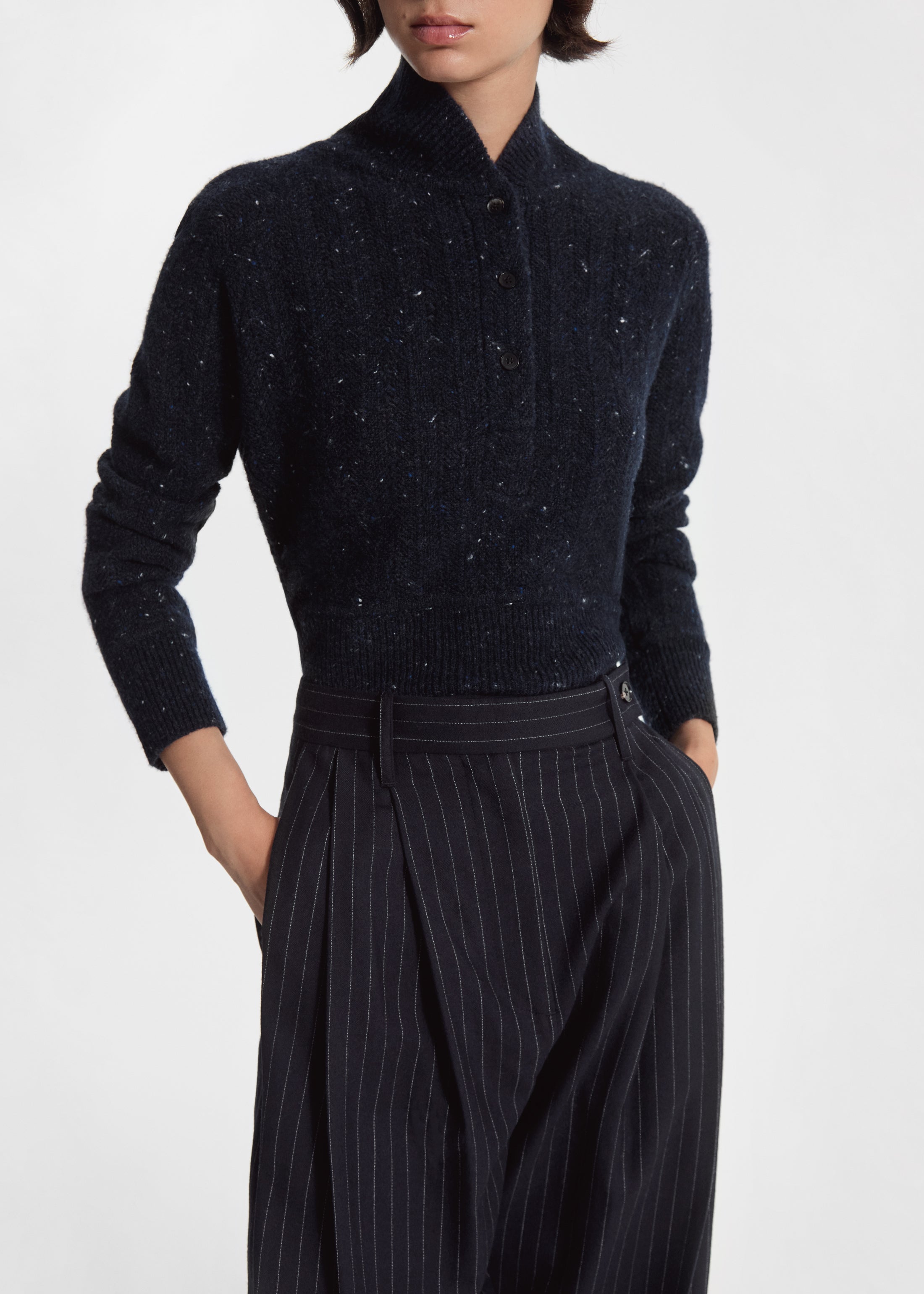 Wide Leg Pleated Pant in Pinstripe Virgin Wool - Navy Stripe