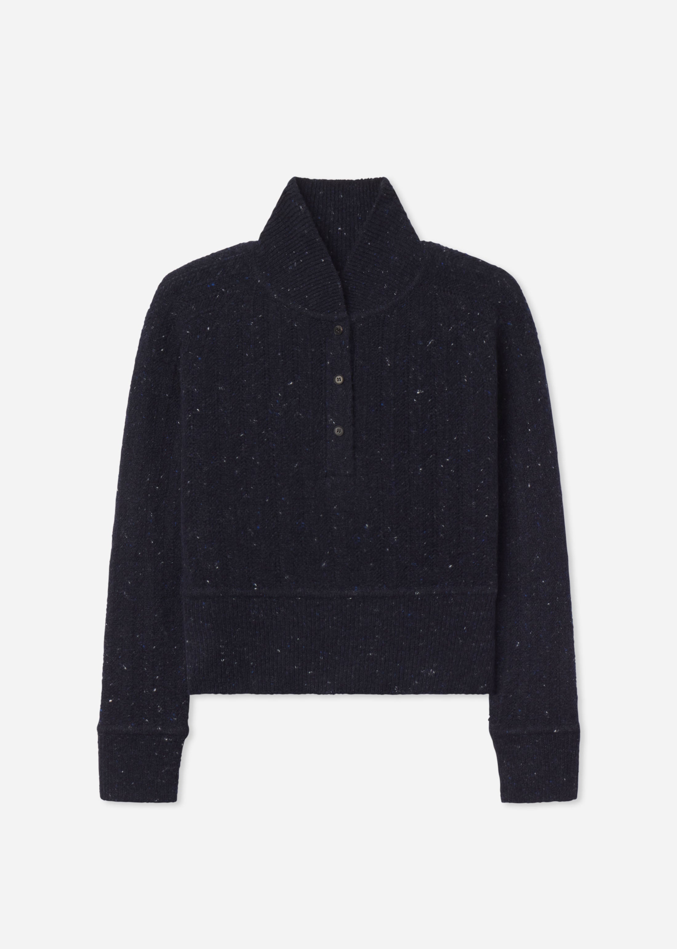 Cropped Henley Sweater in Wool Cashmere Blend - Navy Melange