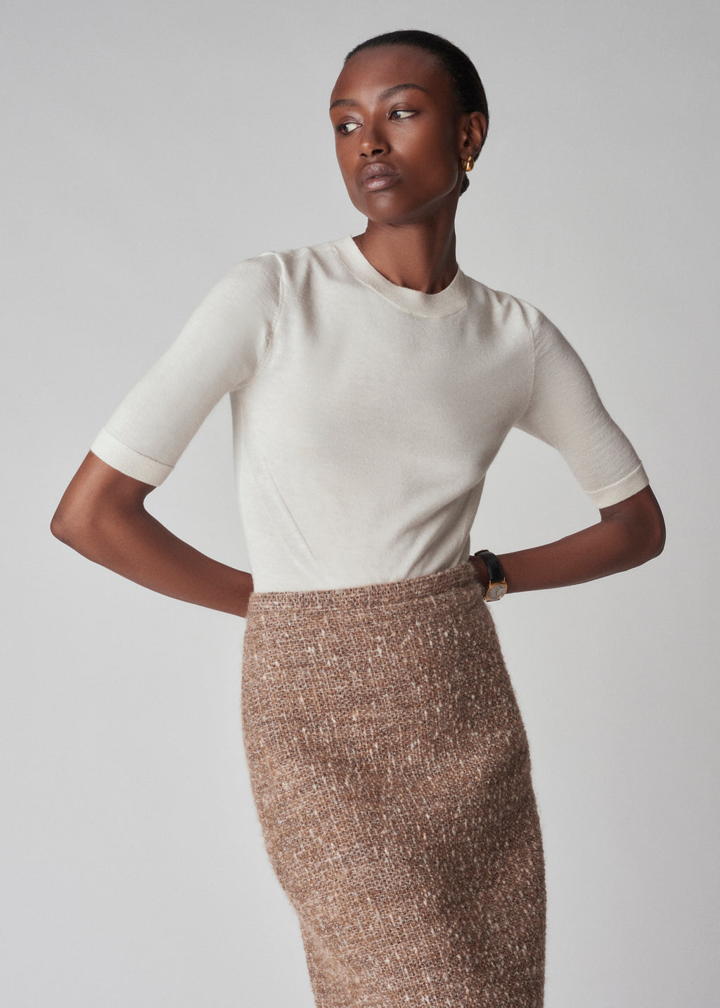 Short Sleeve Knit Top in Fine Cashmere - Ivory - CO