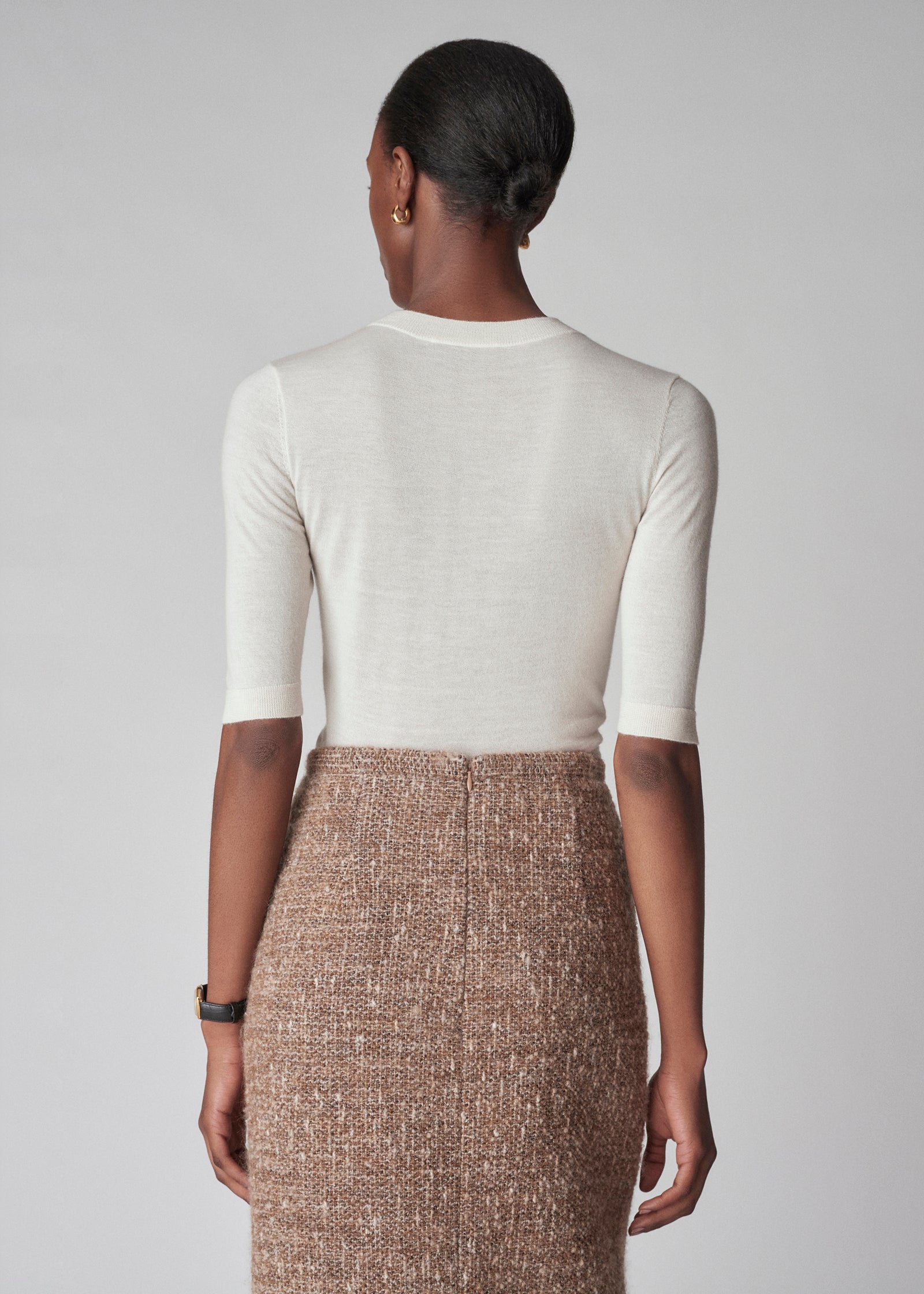 Short Sleeve Knit Top in Fine Cashmere - Ivory