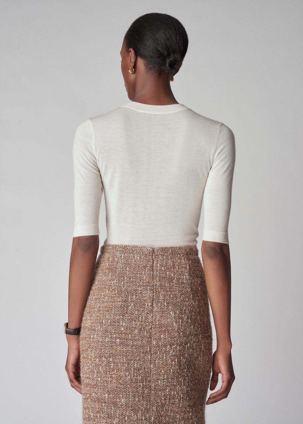 Short Sleeve Knit Top in Fine Cashmere - Ivory - CO