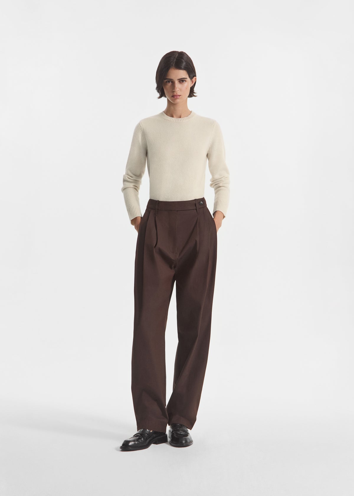 Wide Leg Pleated Pant in Linen - Chocolate, image 1 of 4
