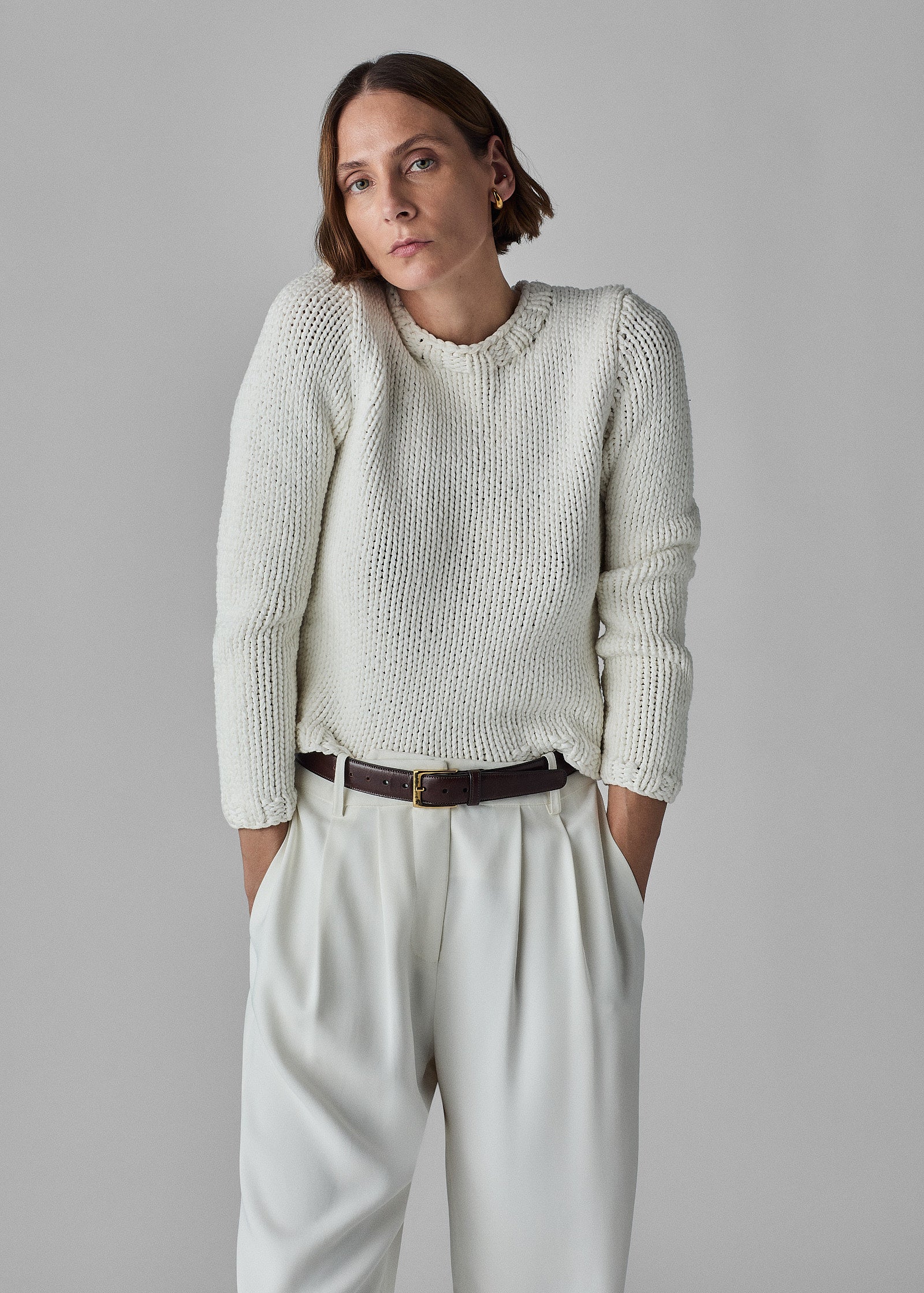 Handknit Crew Sweater in Cotton - White