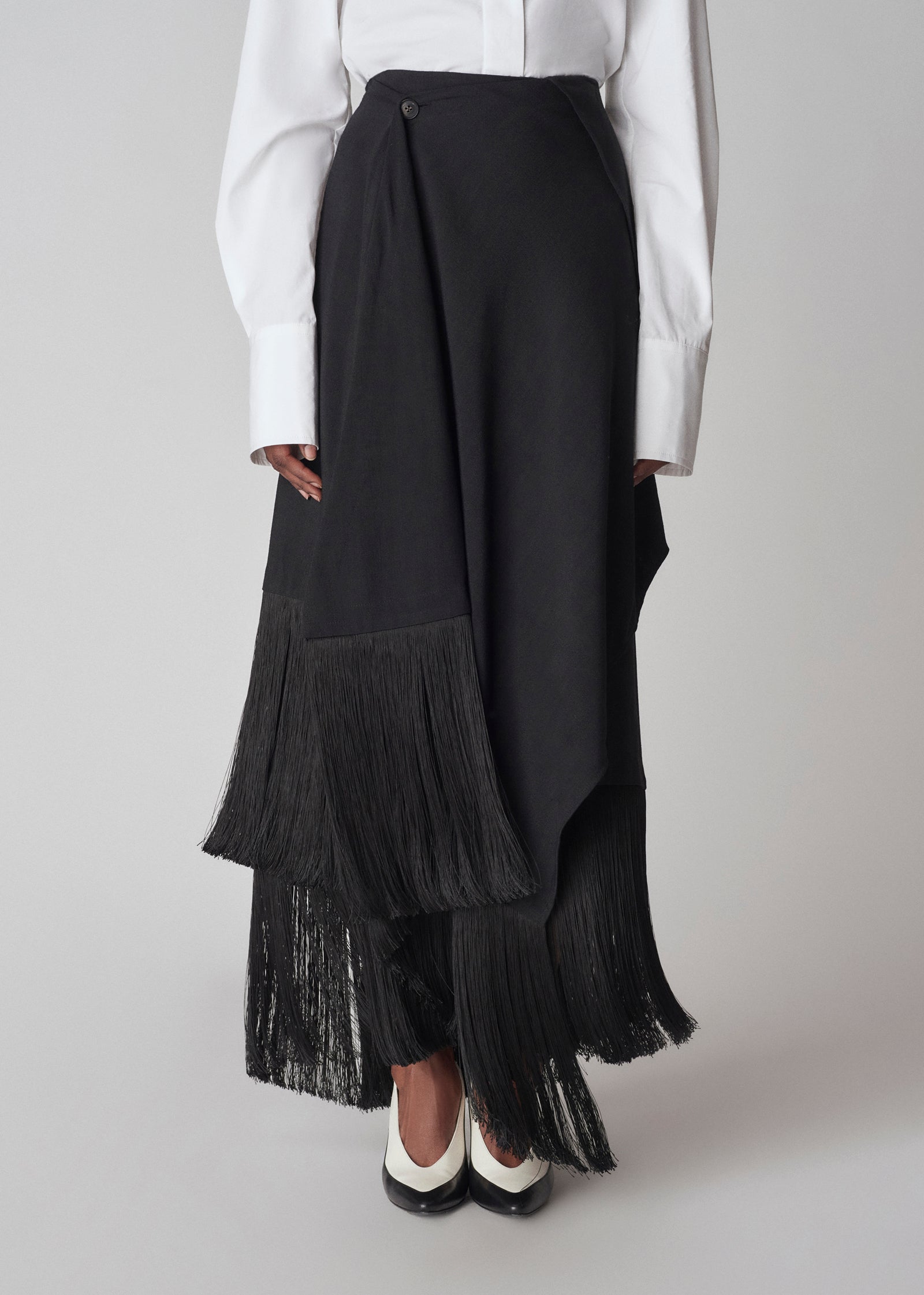 Fringed Wrap A-Line Skirt - Black