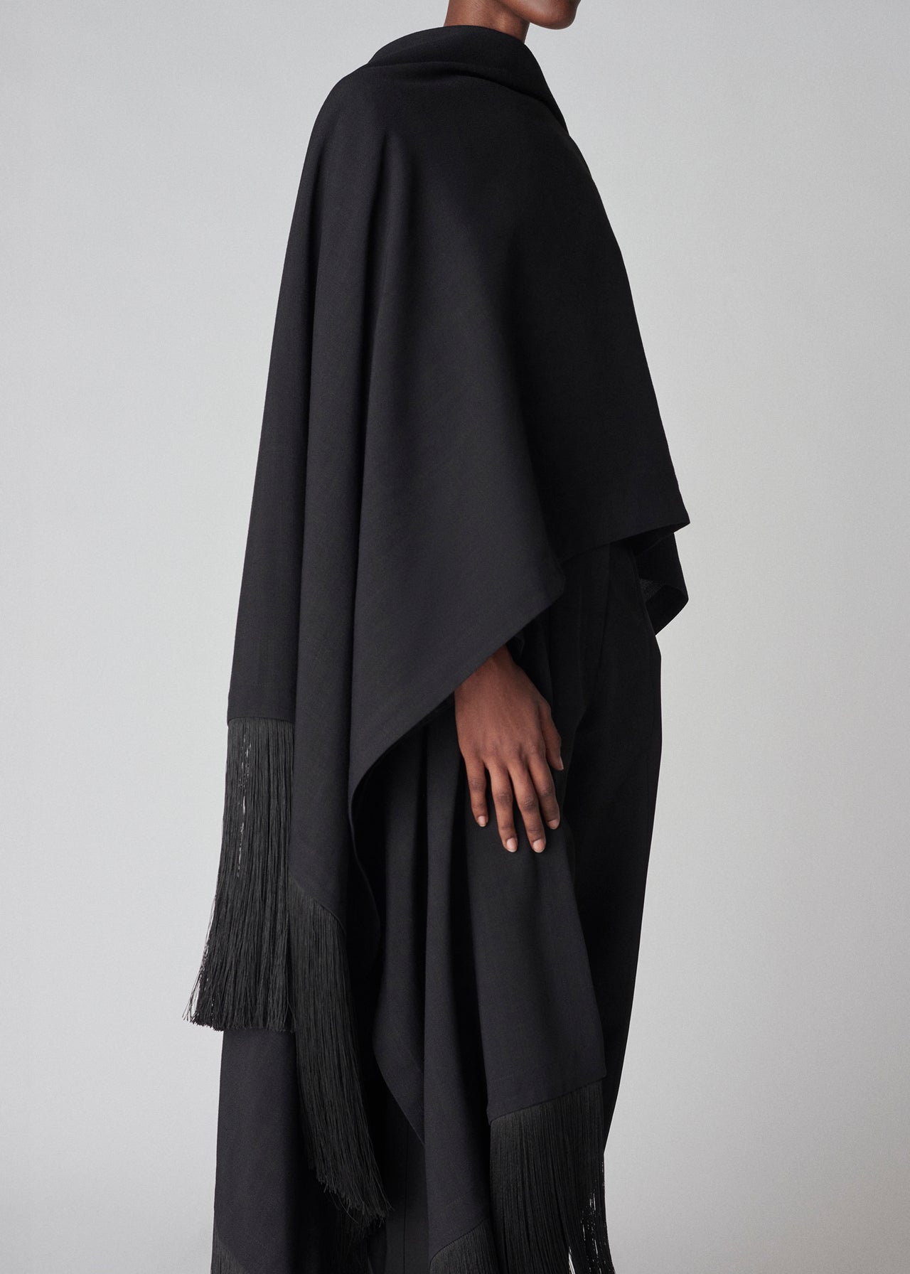 Fringed Woven Poncho - Black