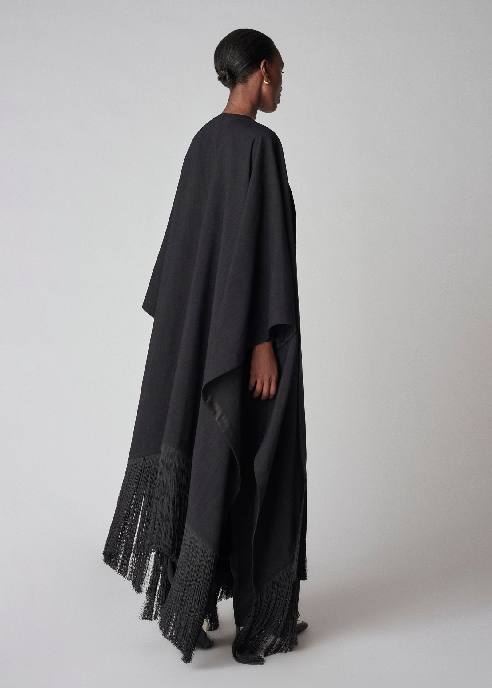 Fringed Woven Poncho - Black