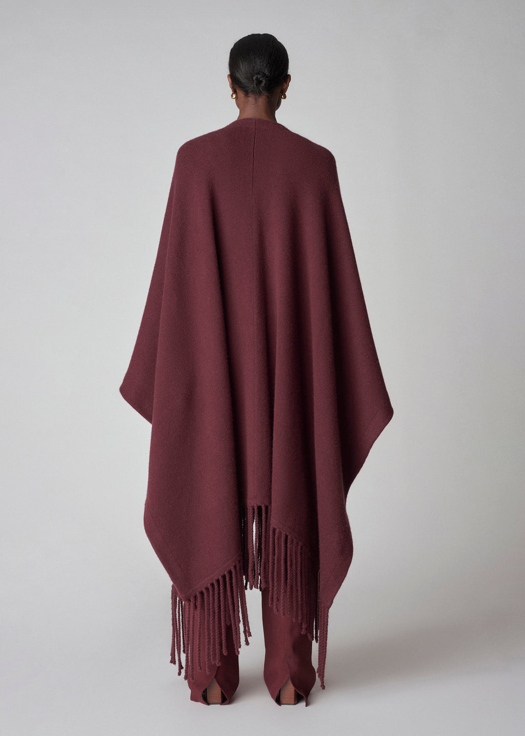 Fringe Poncho in Wool Cashmere Knit - Bordeaux - CO