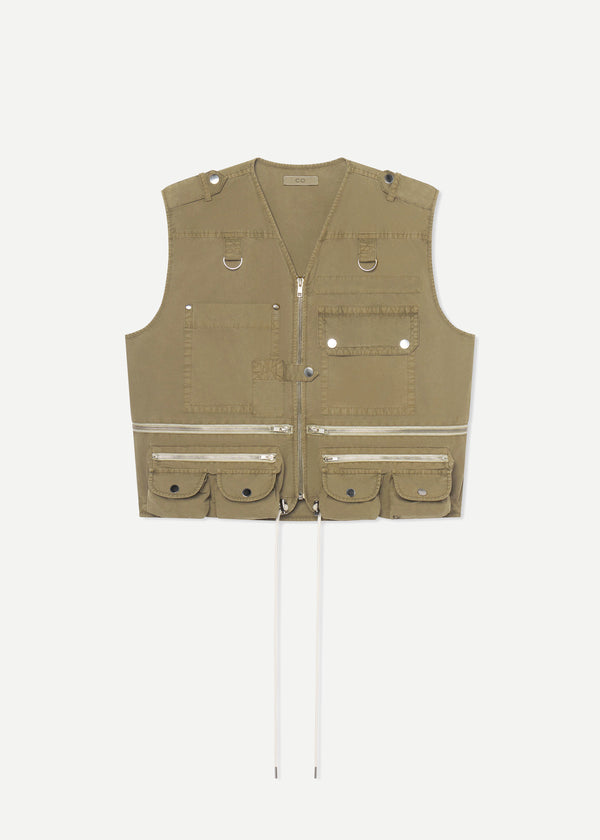 Garment-Dyed Utility Gilet  in Cotton - Olive - CO