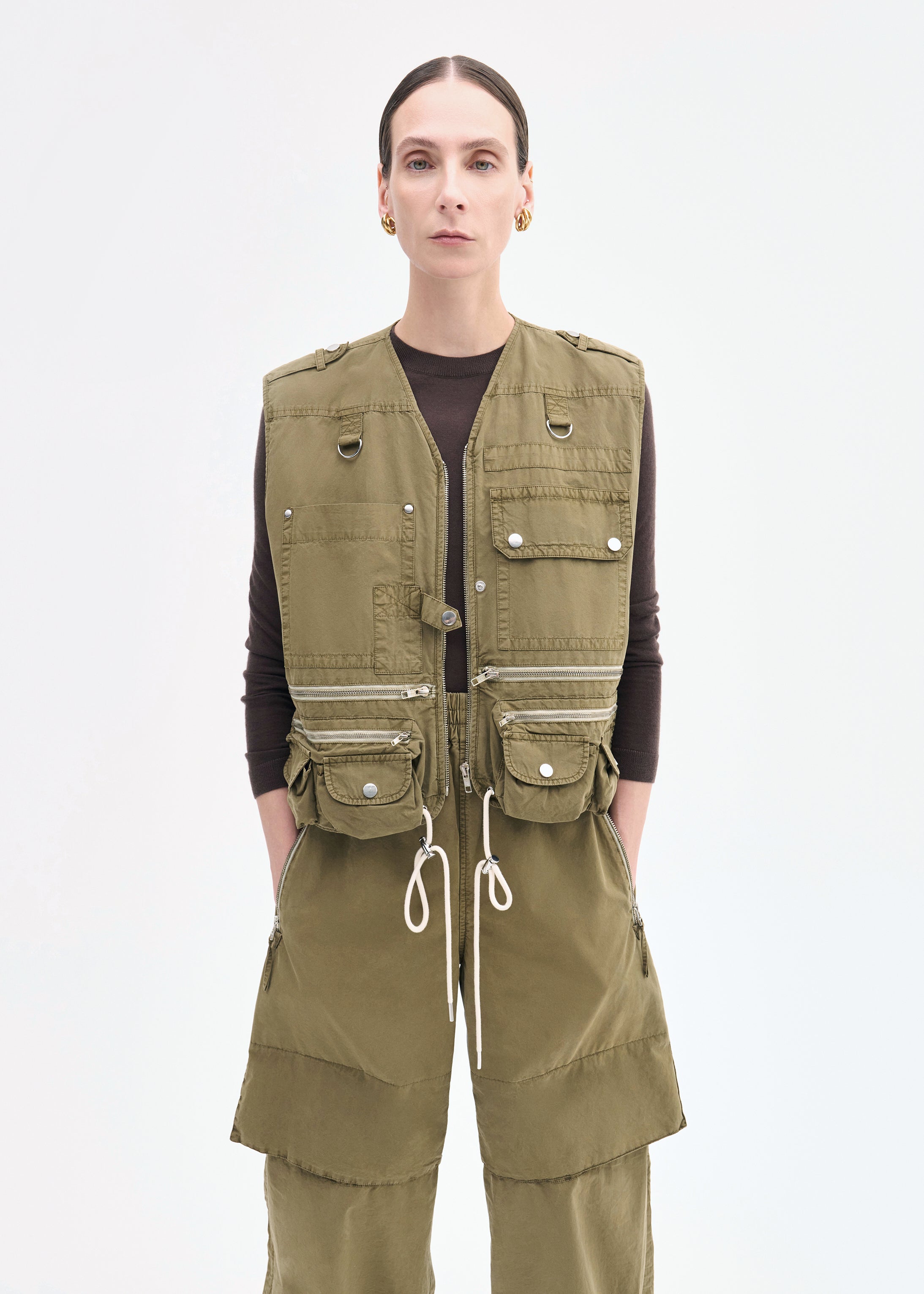 Garment-Dyed Utility Gilet Vest in Cotton - Olive
