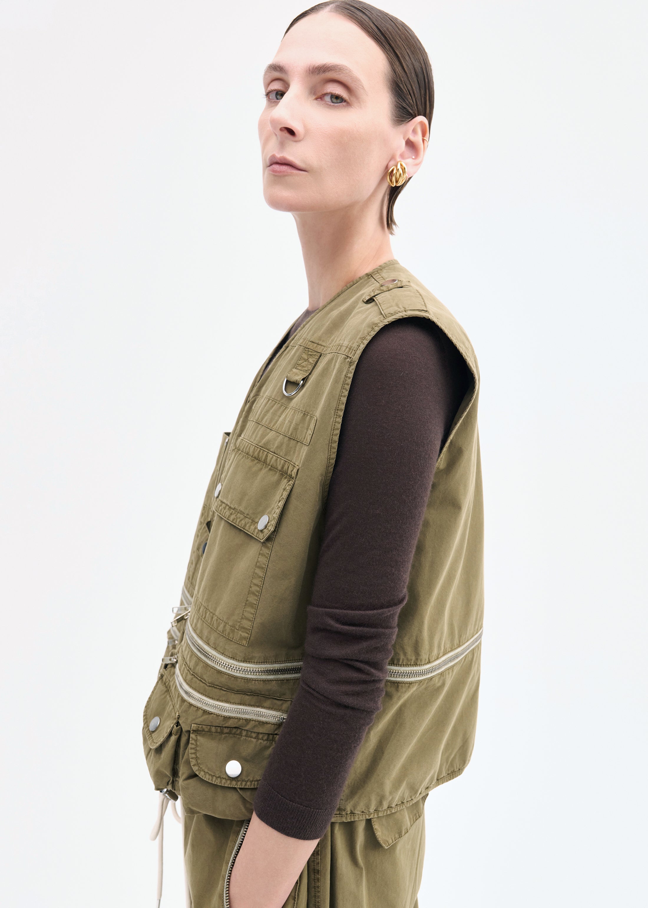 Garment-Dyed Utility Gilet Vest in Cotton - Olive