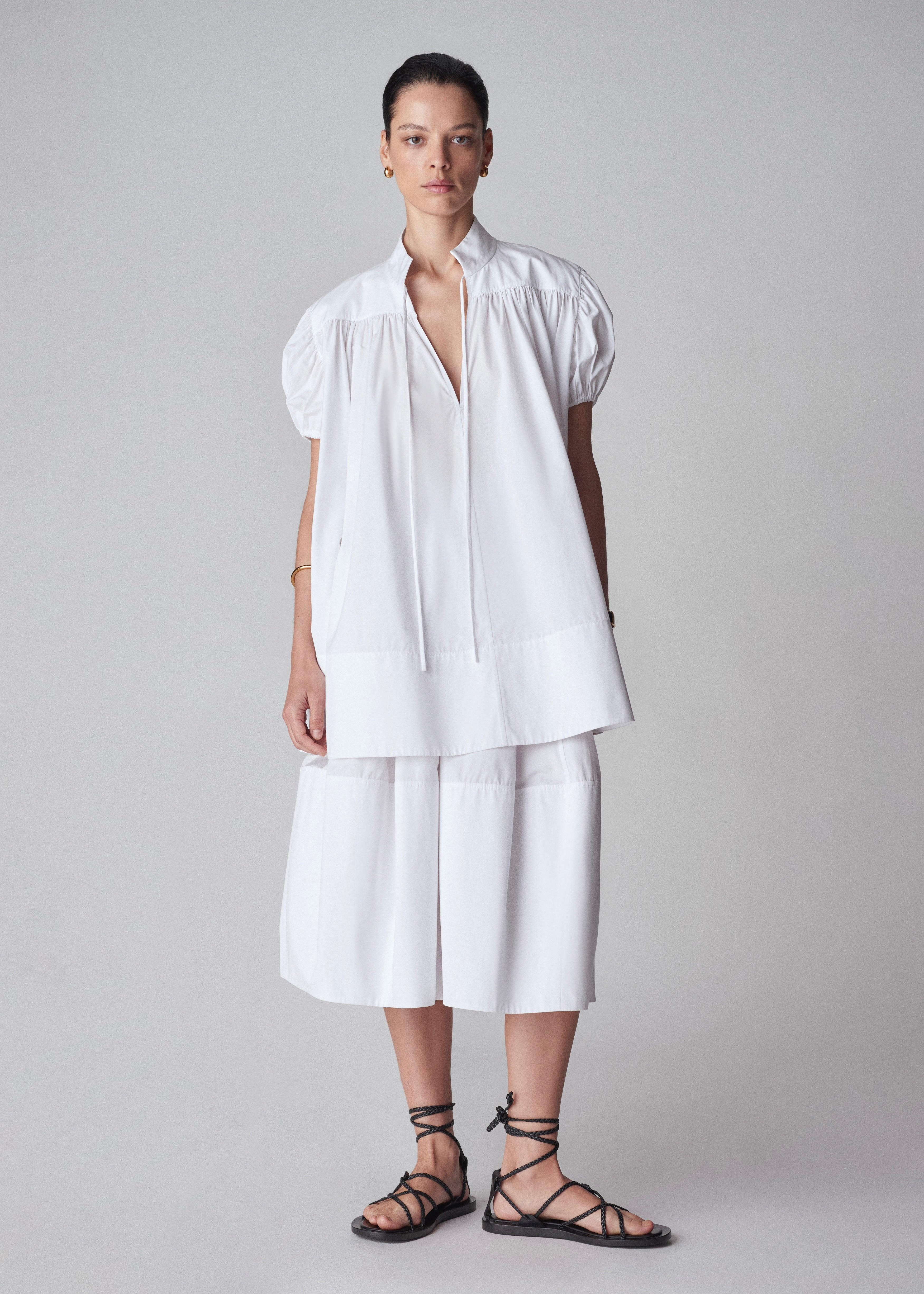 Puff Sleeve Gathered Shirt in Cotton Poplin - White - CO Collections