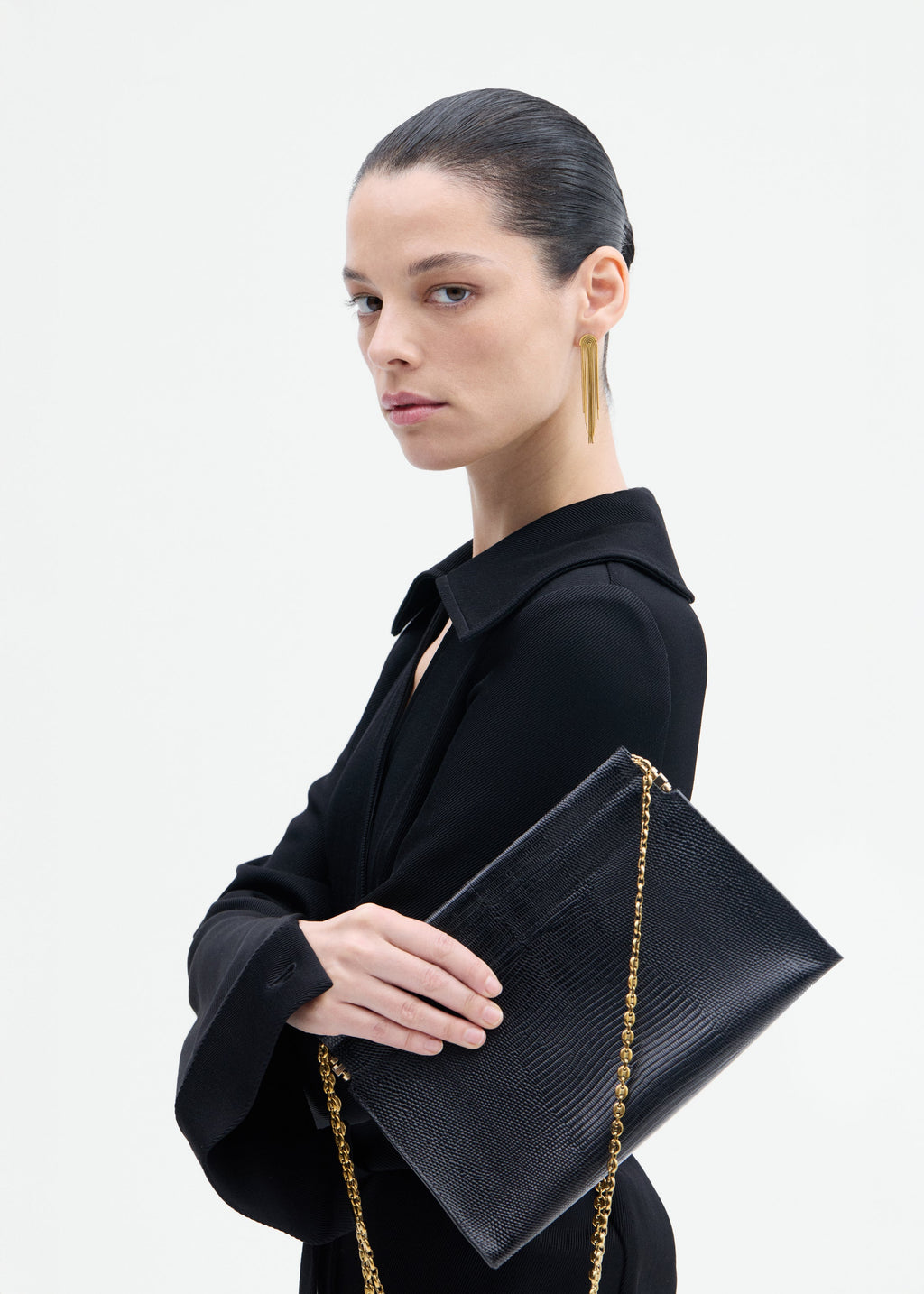 Small Leather Clutch with Chain - Black - CO
