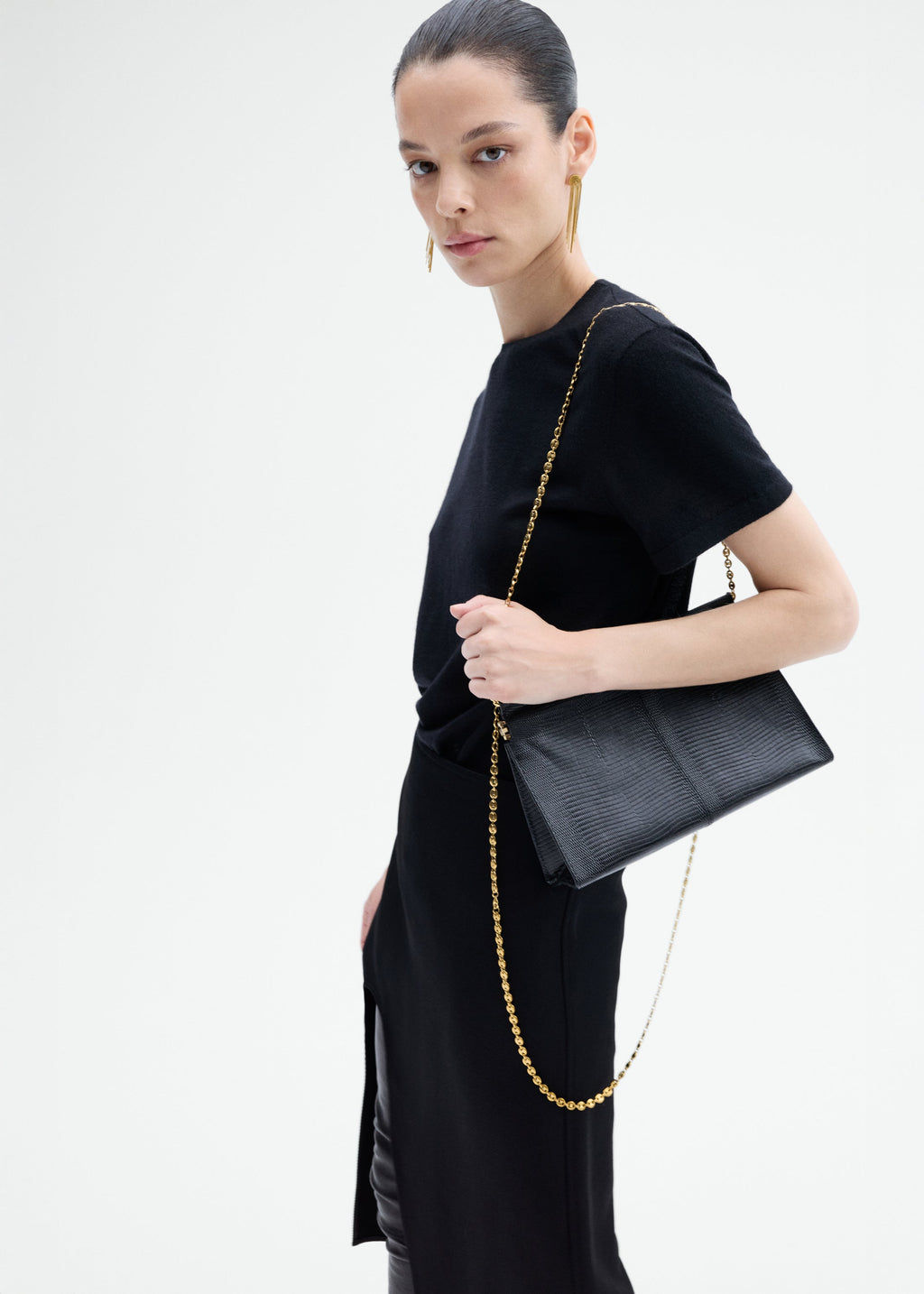Small Leather Clutch with Chain - Black - CO