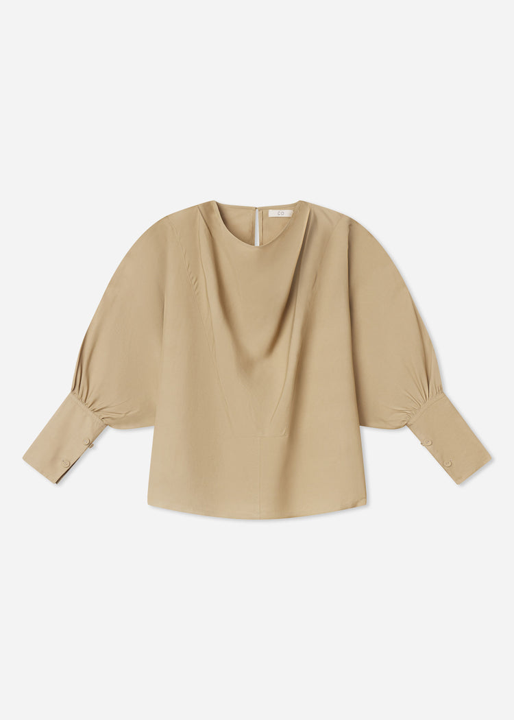 Draped Tunic Top in Viscose Silk - Khaki, image 4 of 4