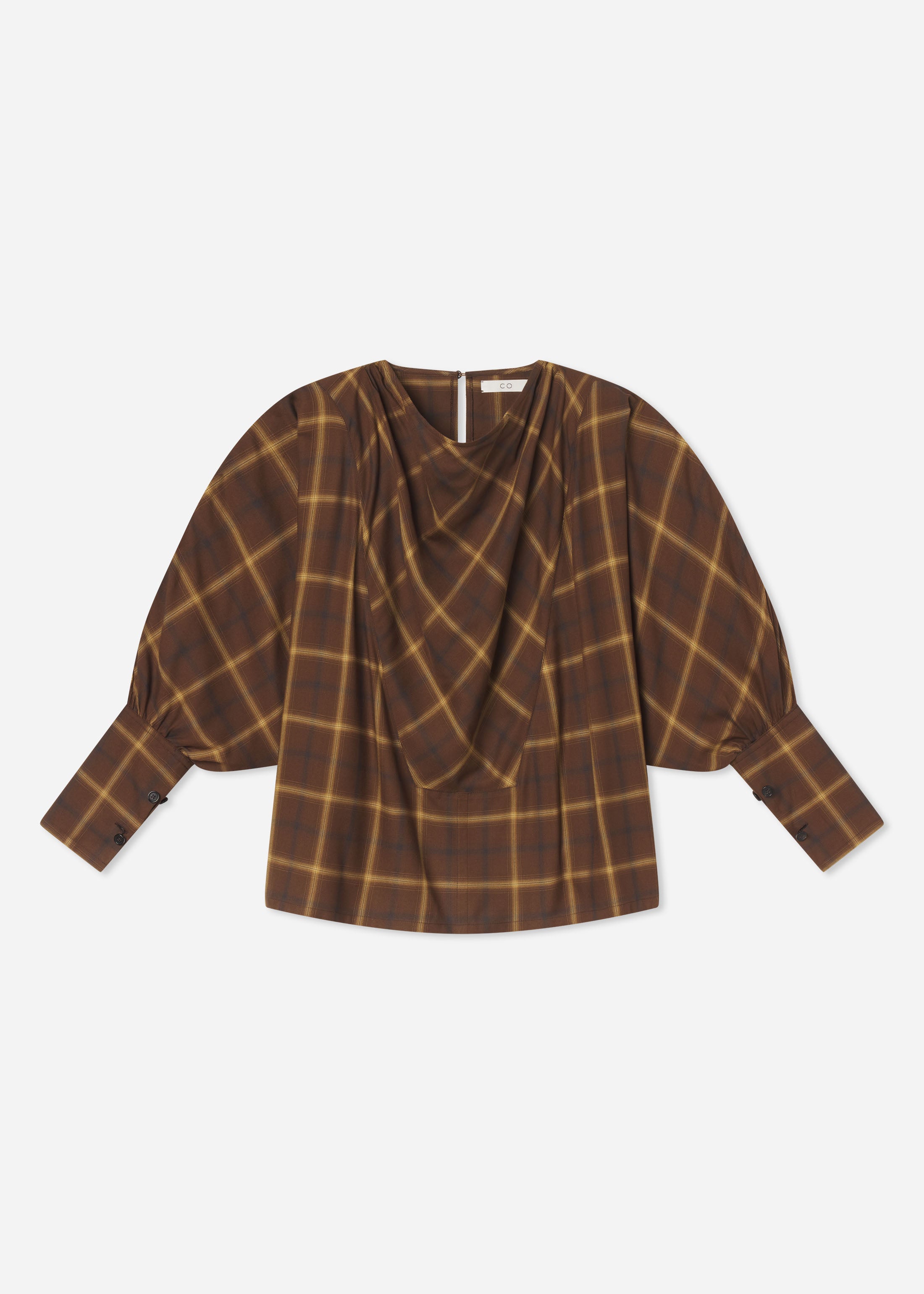 Draped Tunic Top in Check Plaid - Chocolate