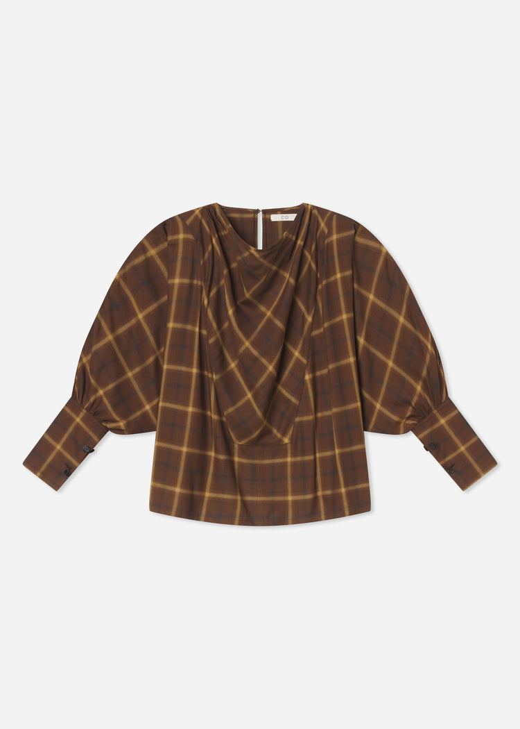 Draped Tunic Top in Check Plaid - Chocolate, image 4 of 4