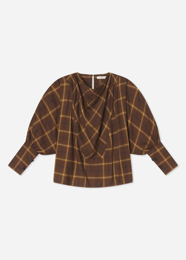 Draped Tunic Top in Check Plaid - Chocolate - CO