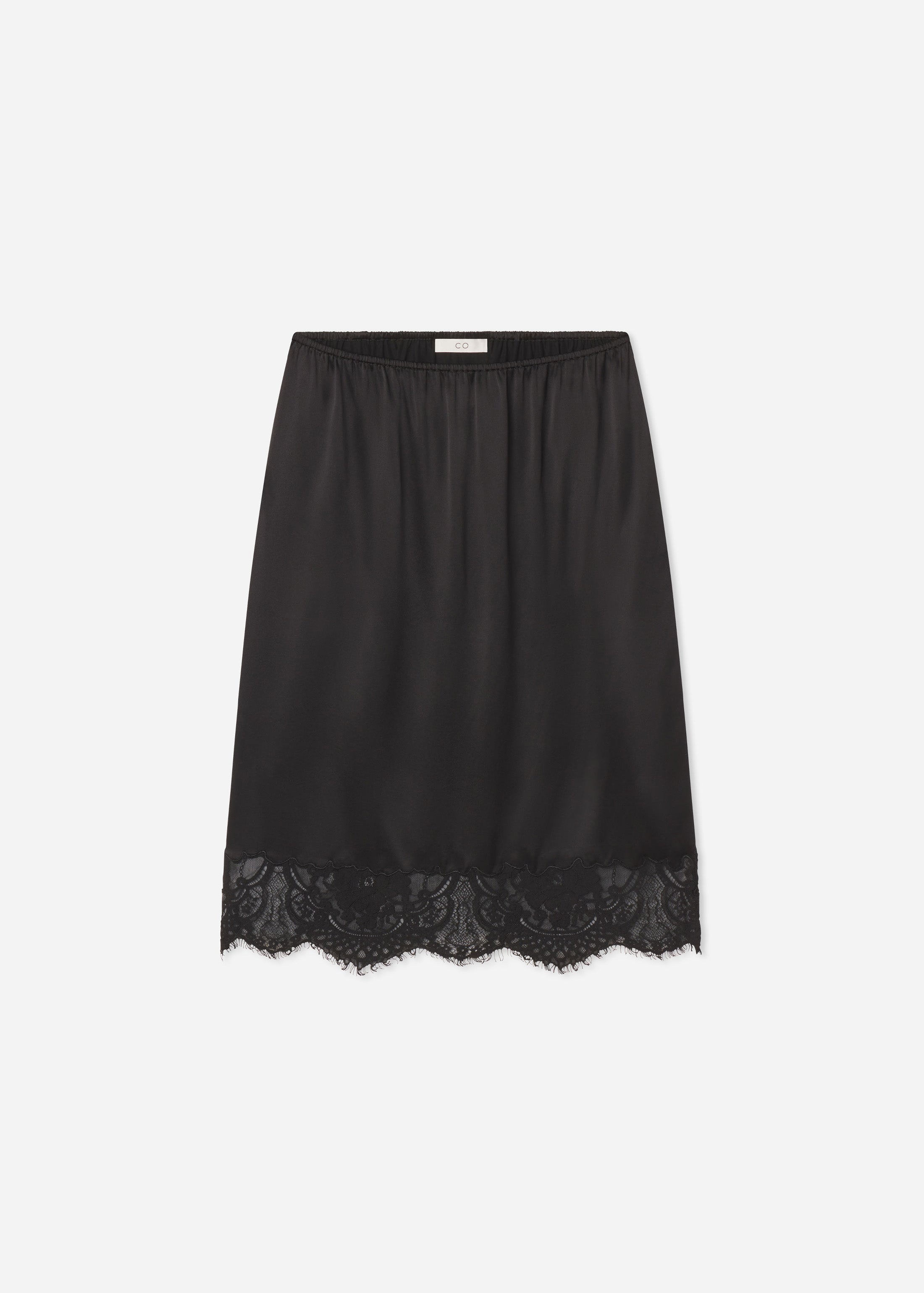 Elastic Waist Lace Slip Skirt in Silk - Black