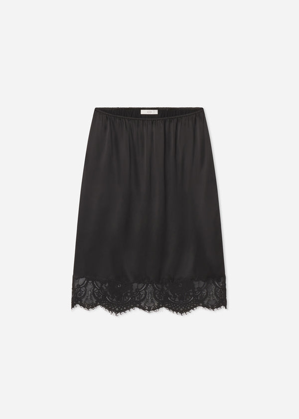 Elastic Waist Lace Slip Skirt in Silk - Black - CO
