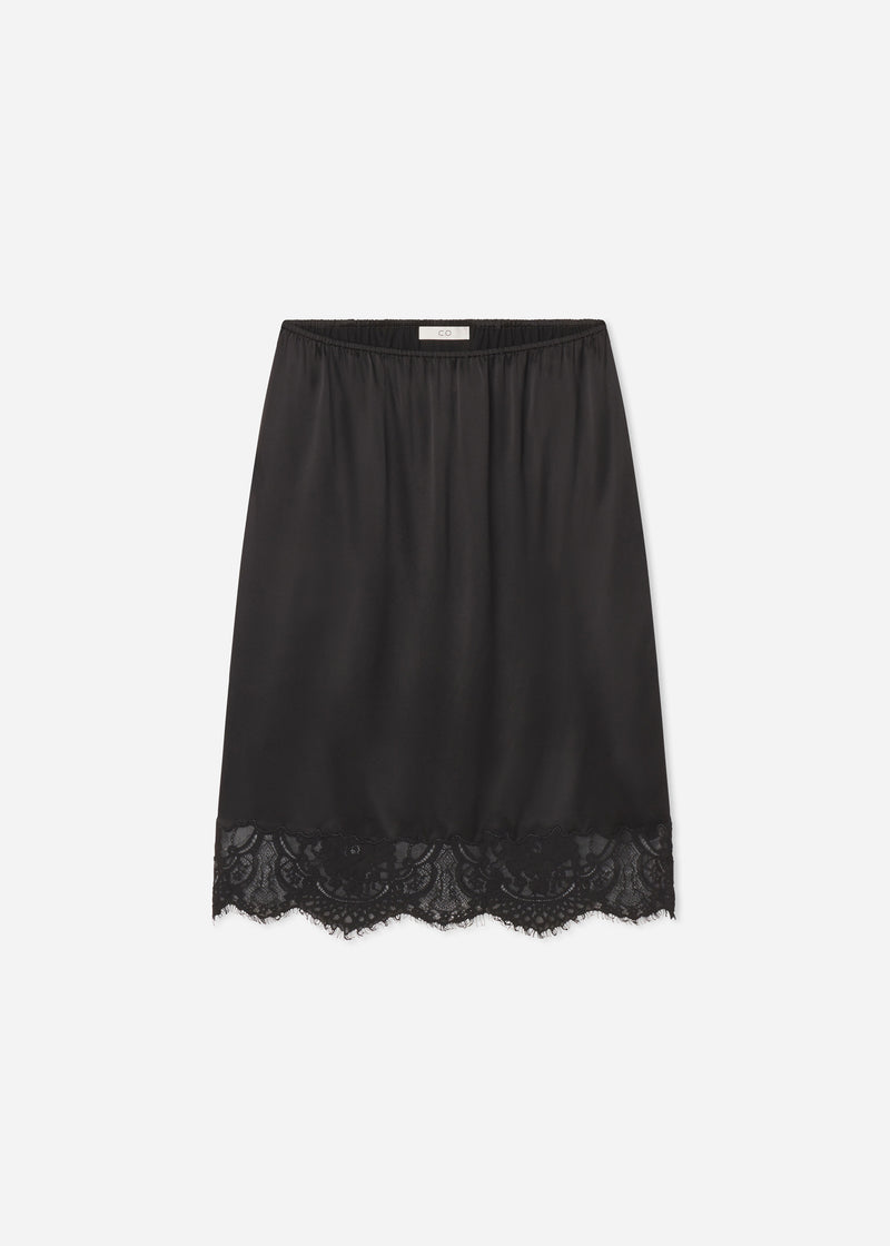 Lace-Trimmed Slip Skirt in Silk - Black - CO