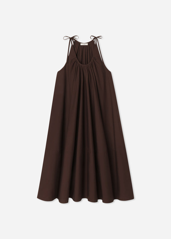 Gathered Halter Dress in Cotton Poplin - Chocolate - CO