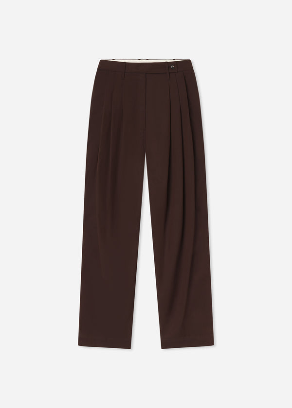 Wide Leg Pleated Pants in Cotton Twill - Chocolate - CO