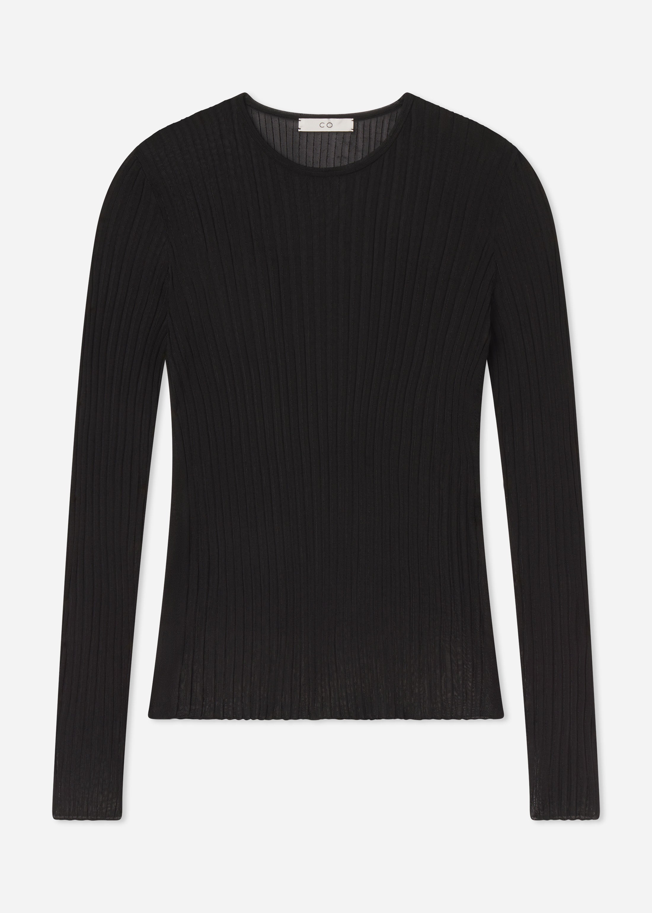 Sheer Rib Long Sleeve Crewneck in Viscose - Black