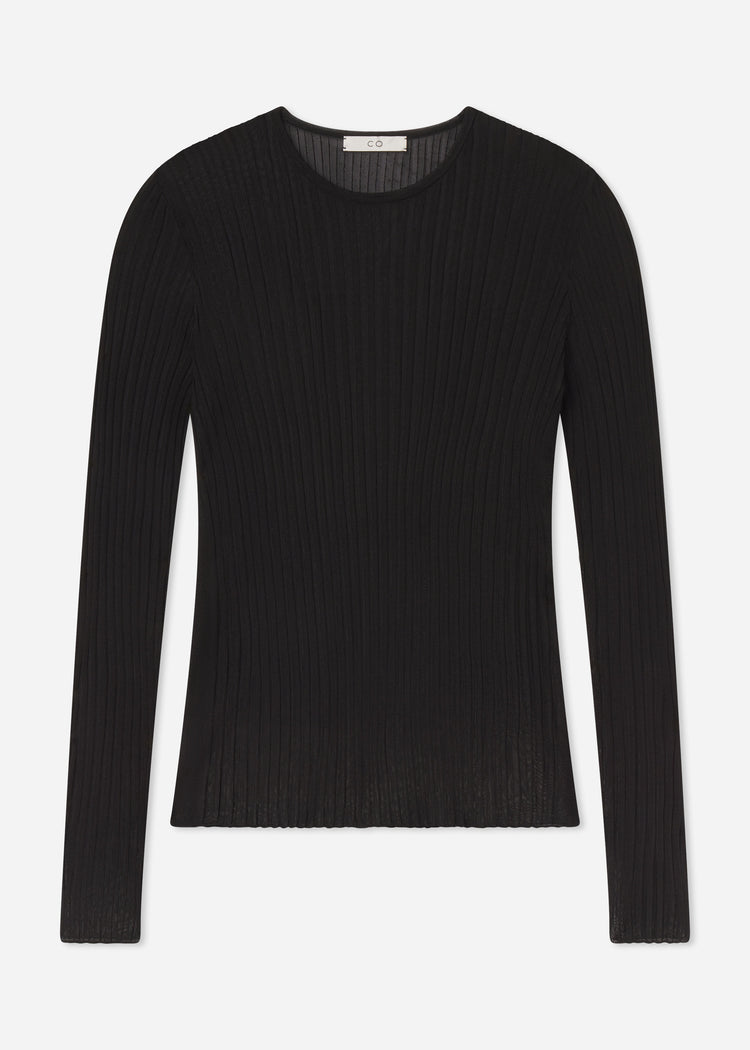 Sheer Rib Long Sleeve Crewneck in Viscose - Black, image 3 of 3