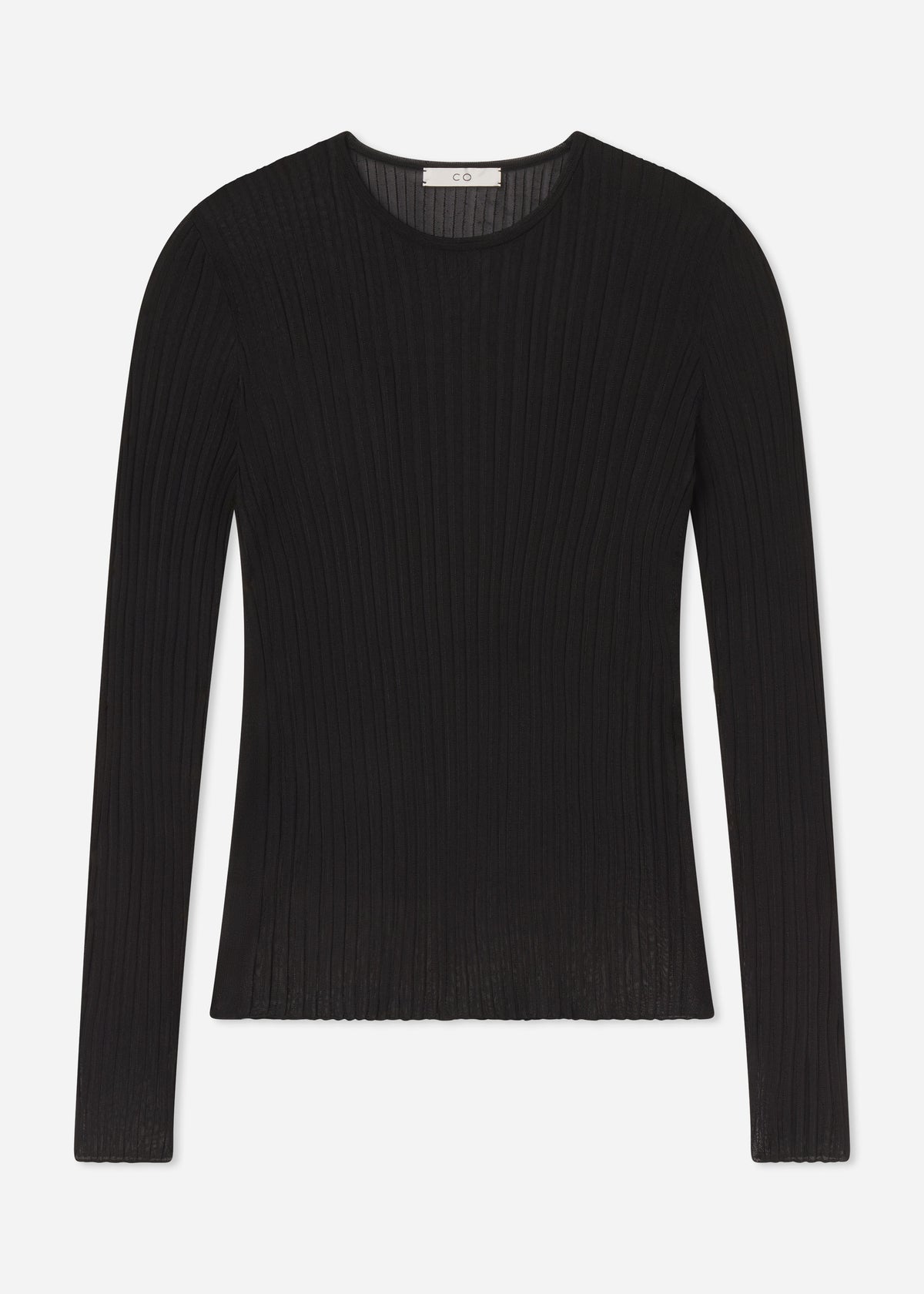 Sheer Rib Long Sleeve Crewneck in Viscose - Black