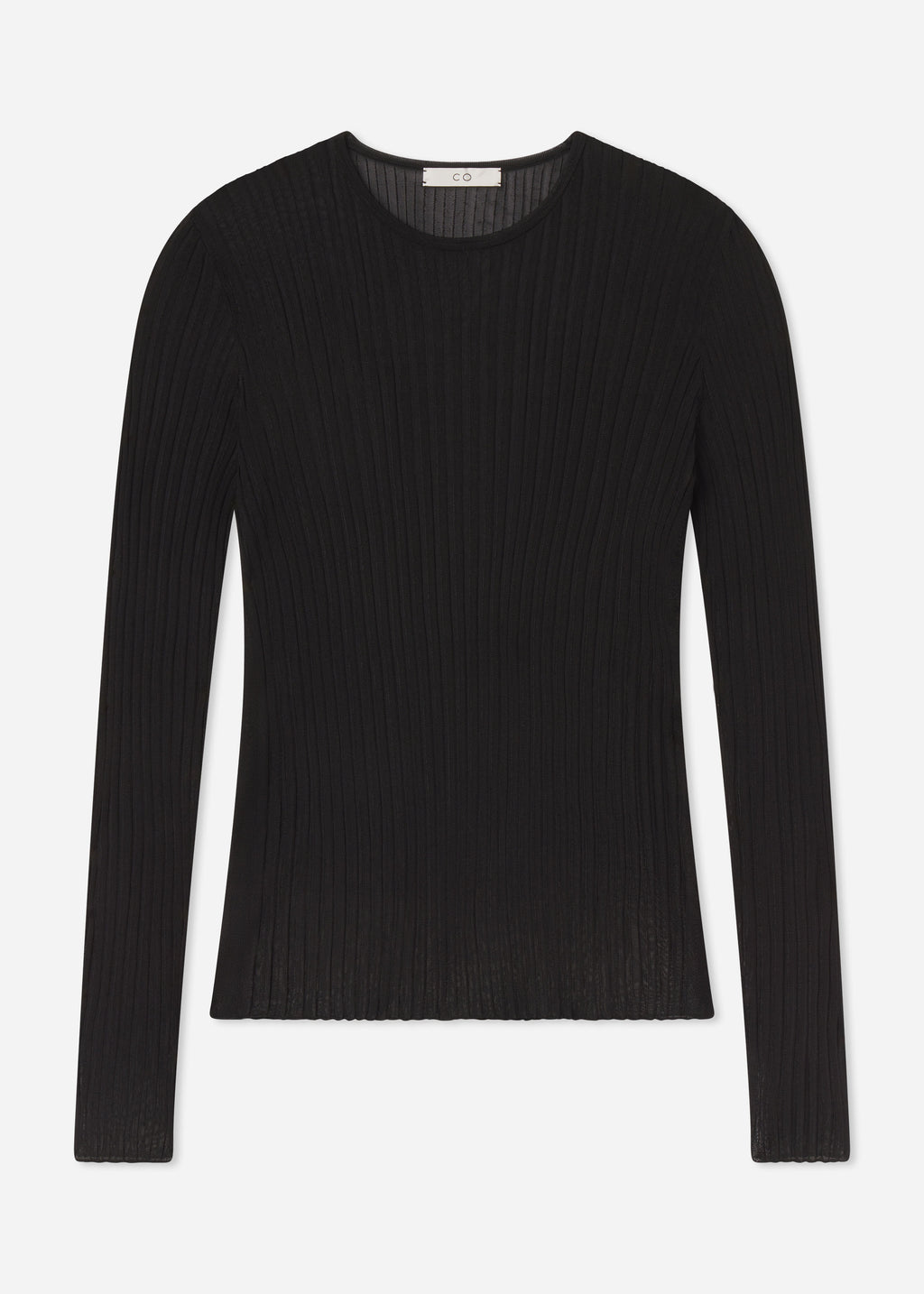Sheer Rib Long Sleeve Crewneck in Viscose - Black
