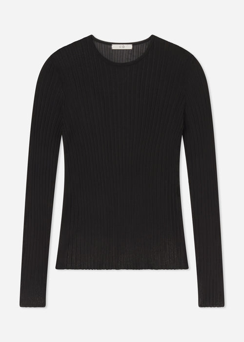 Sheer Rib Long Sleeve Crewneck in Viscose - Black