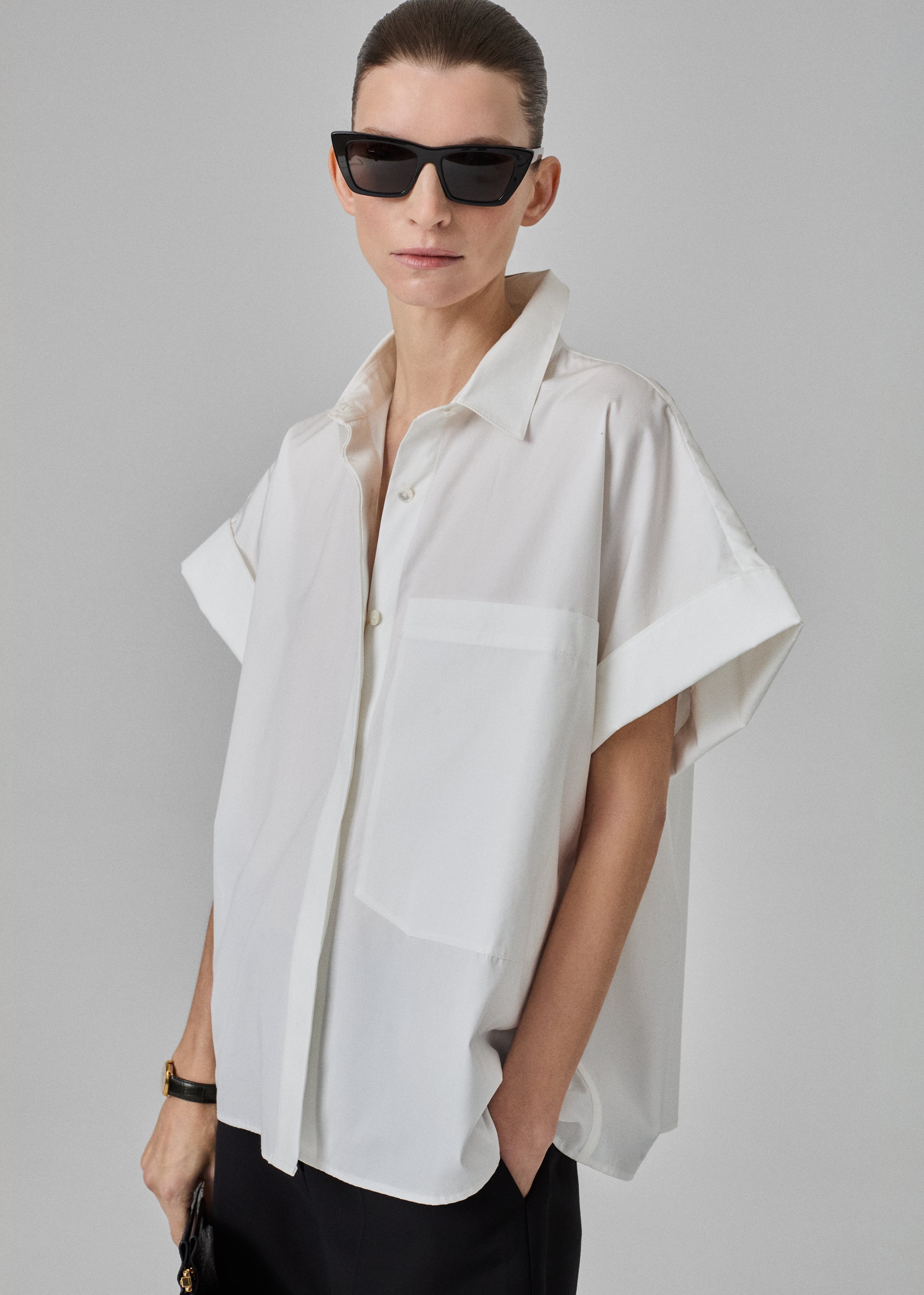 Boxy Short Sleeve Shirt in Cotton Poplin - White